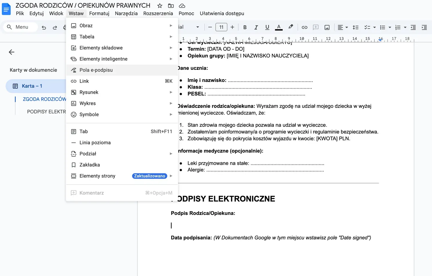 Screenshot 1: The eSignature menu activation in Google Docs