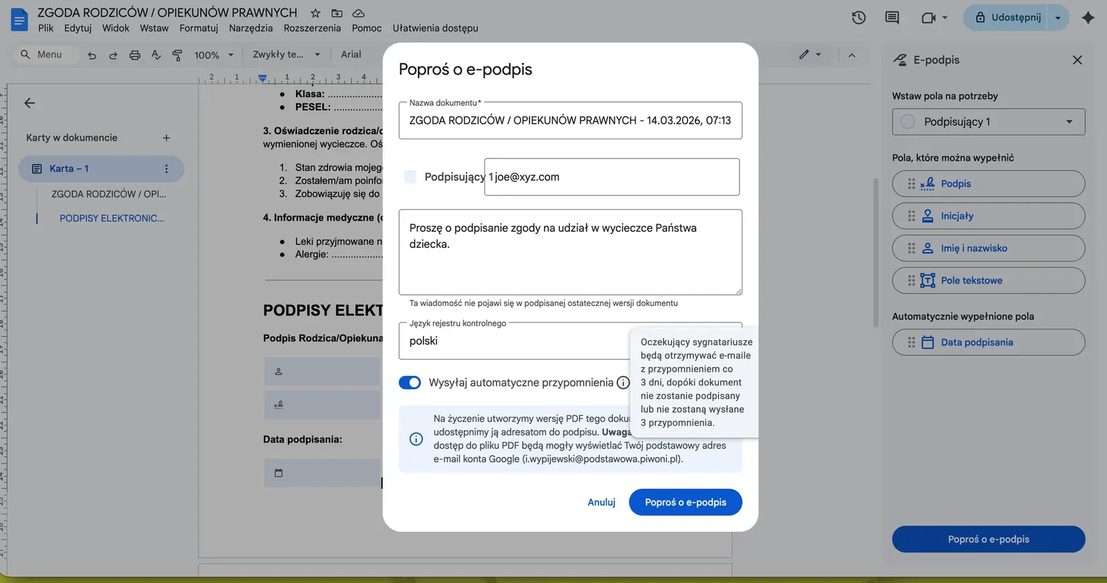 Screenshot 4: Configuring the signature request dialogue
